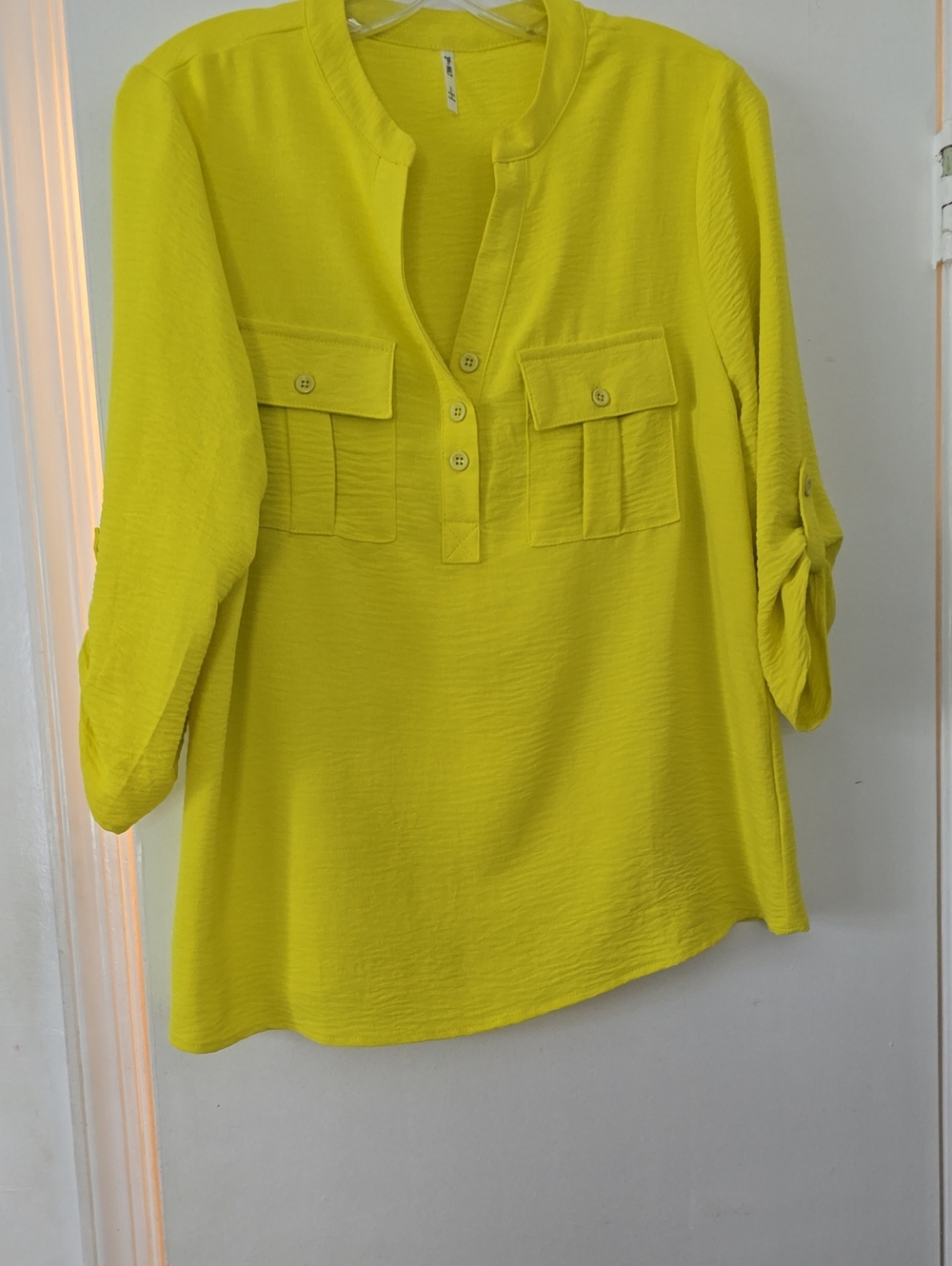 Women's Canary Yellow Split-Neck Button Blouse
